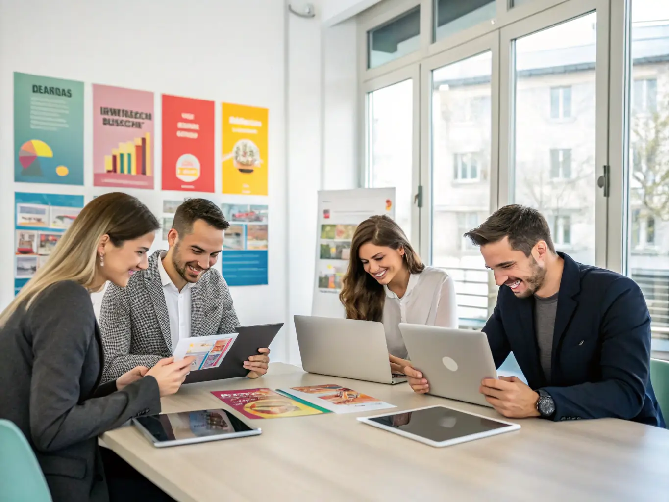 A wellness brand strategy meeting in progress, with team members collaborating on a marketing plan, showcasing strategic planning and teamwork.